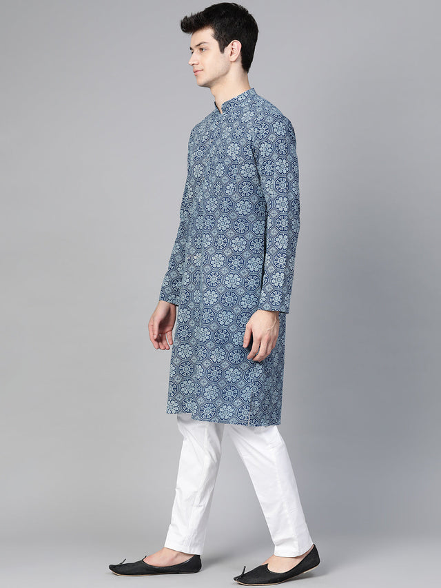 Buy Men's Blue Cotton Tie-And-Dye Block Prints Kurta Pajama Set Online - Zoom In
