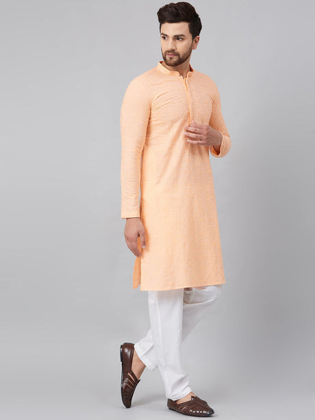 Buy Men's Peach Cotton Chikankari Embroidered Kurta Pajama Set Online - Zoom In