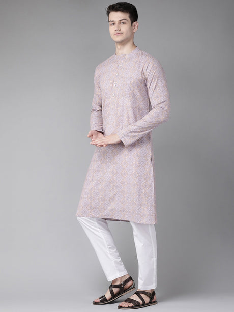 Buy Men's Peach Cotton Geometric Printed Straight Kurta Online - Front