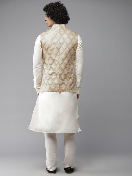 Buy Men's Gold Art Silk Jacquard Woven Design Nehru Jacket Online - Back