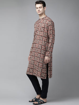 Buy Men's Maroon Cotton Kalamkari Block Printed Straight Kurta Online - Front