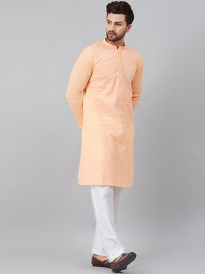 Buy Men's Peach Cotton Chikankari Embroidered Kurta Pajama Set Online - Zoom In