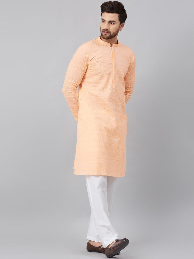 Buy Men's Peach Cotton Chikankari Embroidered Kurta Pajama Set Online - Zoom In