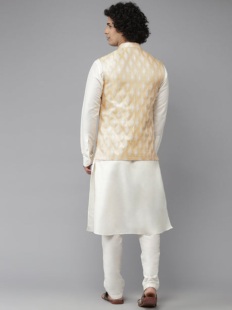 Buy Men's Gold Art Silk Jacquard Woven Design Nehru Jacket Online - Front