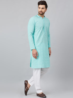 Buy Men's Turquoise Blue Cotton Chikankari Embroidered Kurta Pajama Set Online - Zoom In