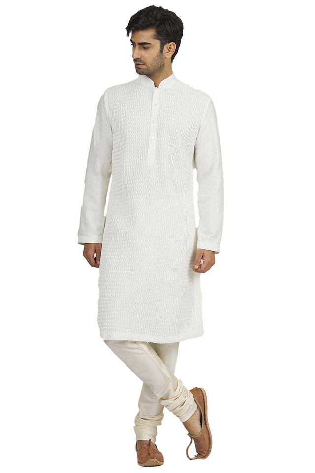 Men's White Silk Embroidered Full Sleeve Kurta Churidar
