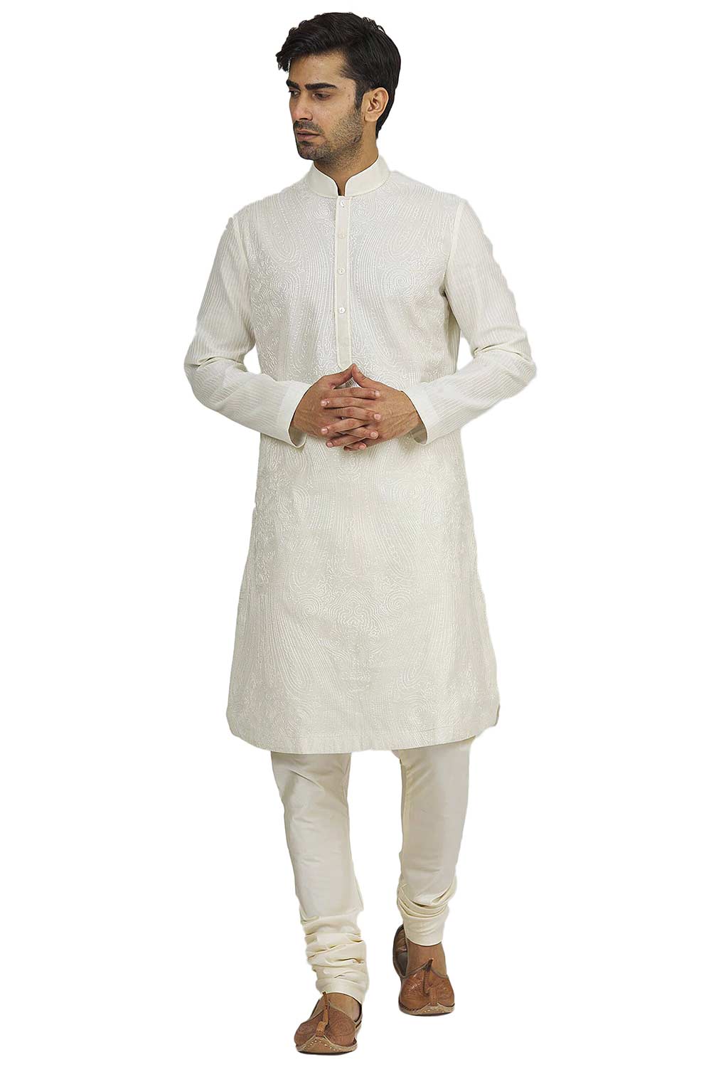 Buy Men's Off white Cotton embroidered full sleeve Kurta Churidar