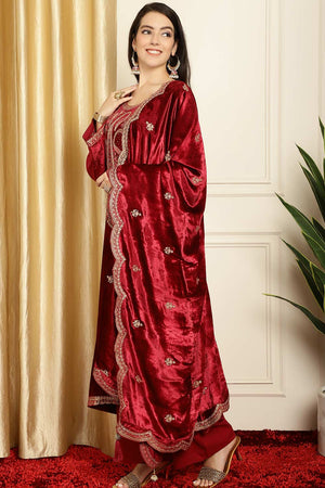 Maroon Velvet Embroidered Straight Cut Suit Set