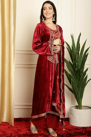 Maroon Velvet Embroidered Straight Cut Suit Set