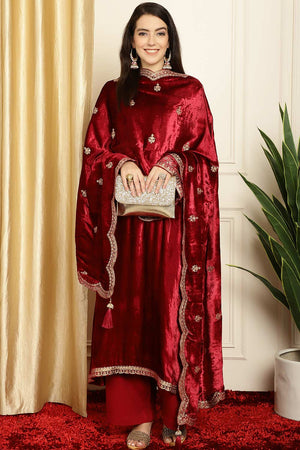 Maroon Velvet Embroidered Straight Cut Suit Set