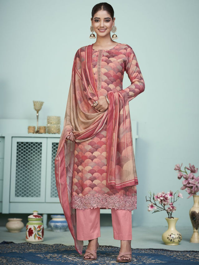 Peach Muslin Digital Printed Dress Material