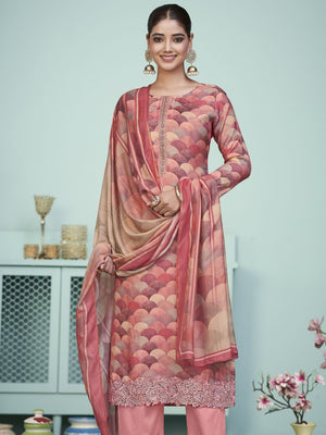 Peach Muslin Digital Printed Dress Material