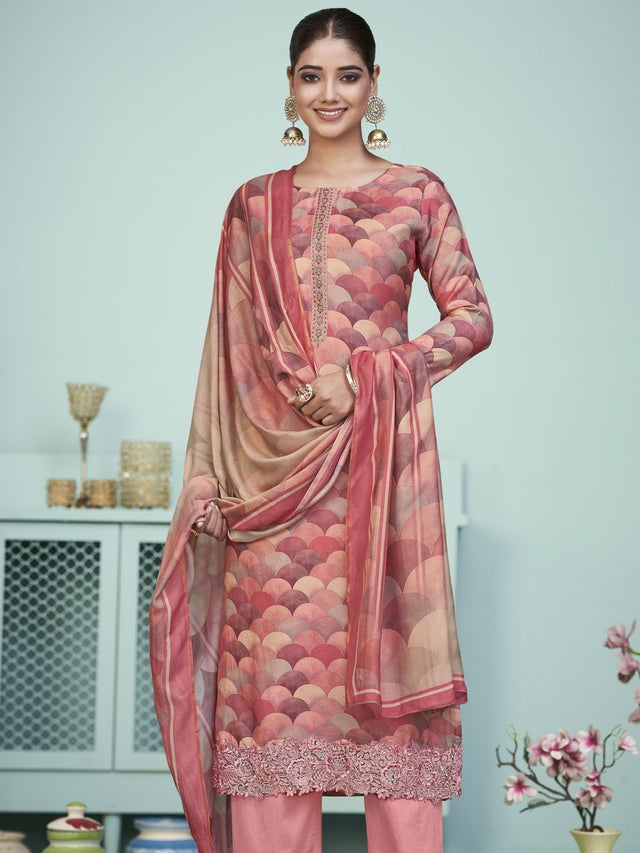 Peach Muslin Digital Printed Dress Material