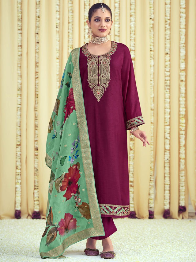 Magenta Raw Silk Embroidered Dress Material