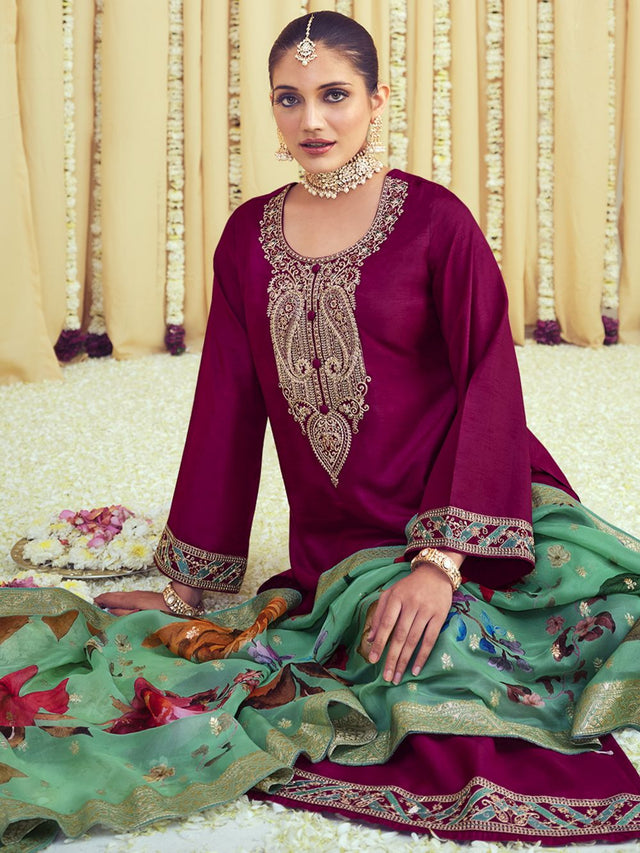 Magenta Raw Silk Embroidered Dress Material