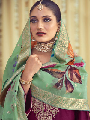 Magenta Raw Silk Embroidered Dress Material