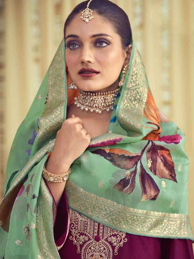 Magenta Raw Silk Embroidered Dress Material