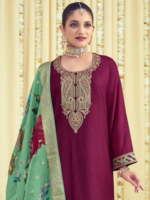 Magenta Raw Silk Embroidered Dress Material