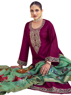Magenta Raw Silk Embroidered Dress Material