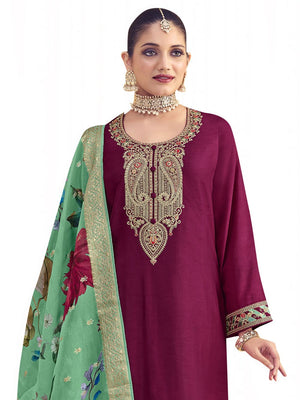 Magenta Raw Silk Embroidered Dress Material