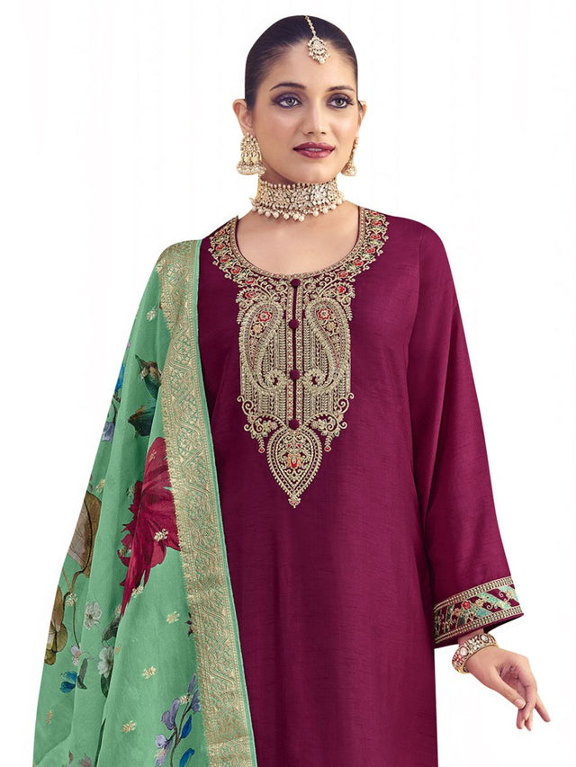 Magenta Raw Silk Embroidered Dress Material