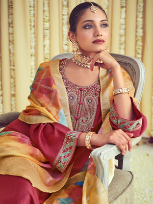 Coral Raw Silk Embroidered Dress Material