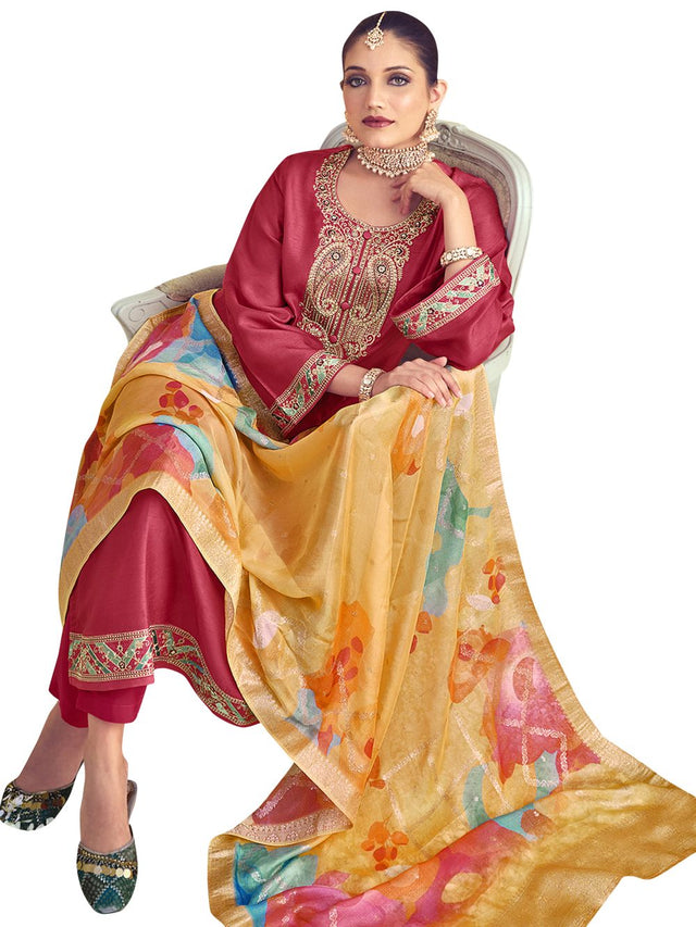 Coral Raw Silk Embroidered Dress Material