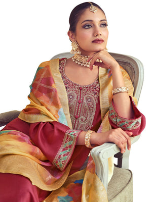 Coral Raw Silk Embroidered Dress Material