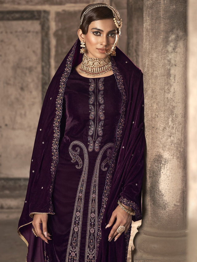 Wine Velvet Embroidered Straight Cut Suits