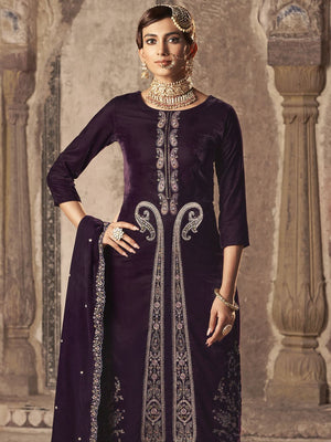 Wine Velvet Embroidered Straight Cut Suits