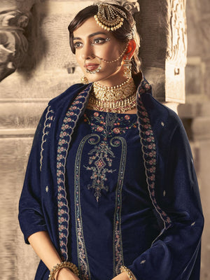 Navy Blue Velvet Embroidered Straight Cut Suits