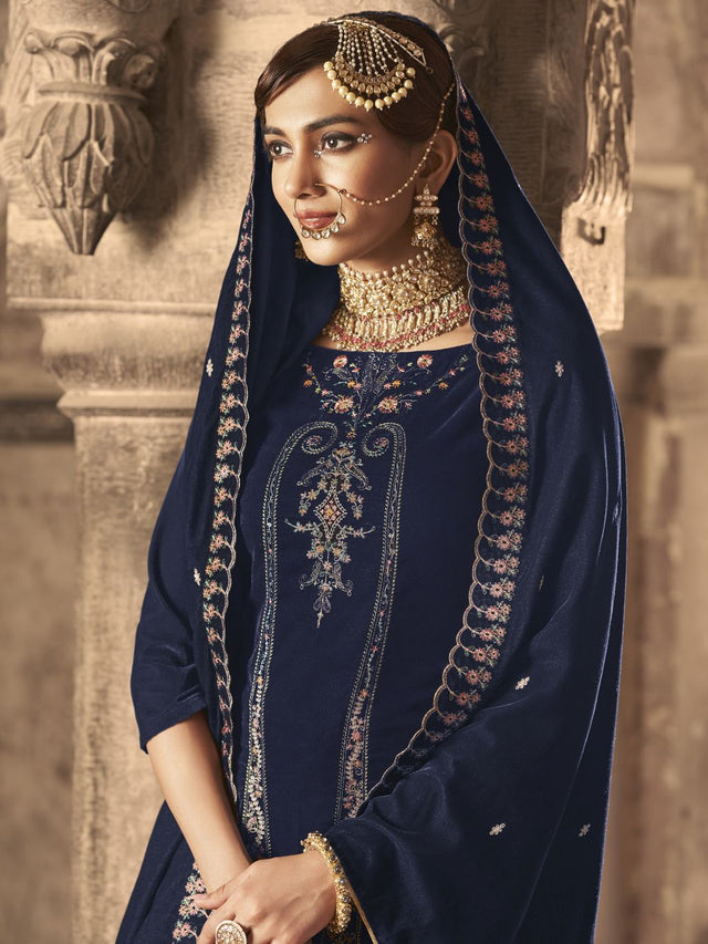Navy Blue Velvet Embroidered Straight Cut Suits