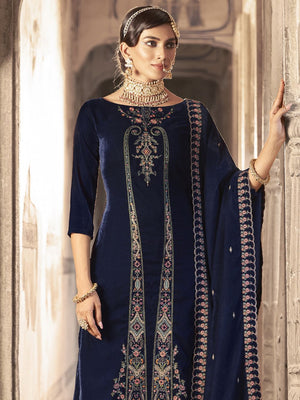 Navy Blue Velvet Embroidered Straight Cut Suits
