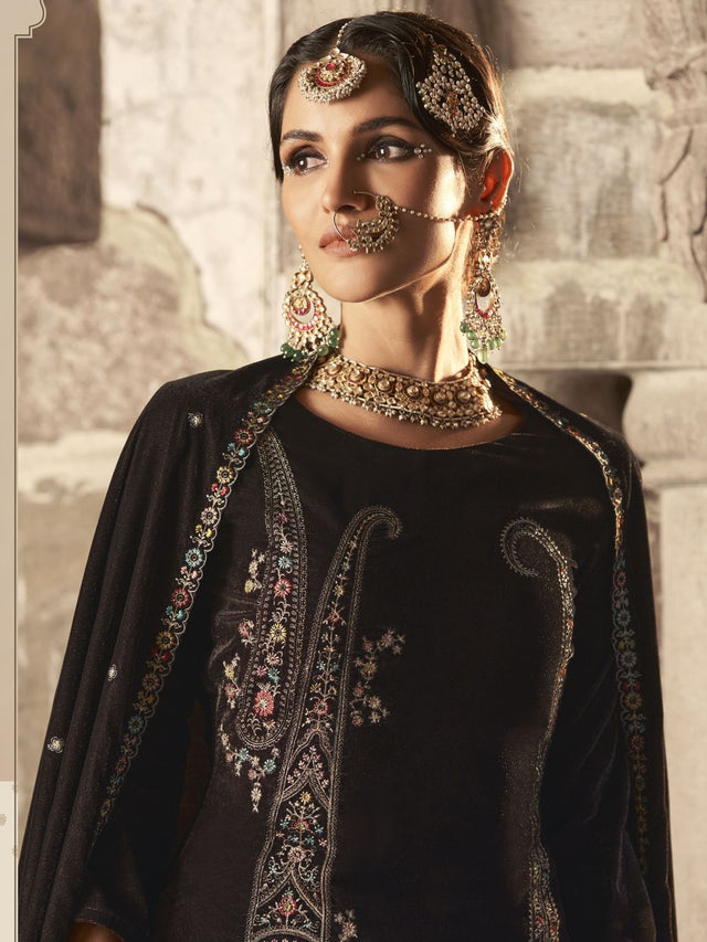 Brown Velvet Embroidered Straight Cut Suits