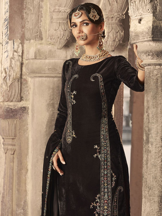 Brown Velvet Embroidered Straight Cut Suits