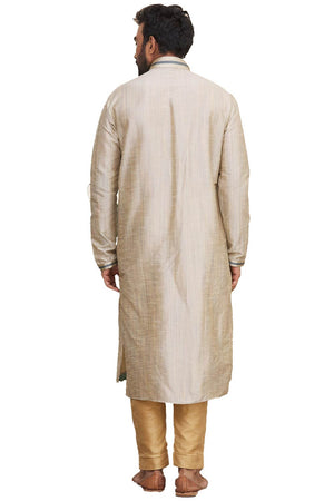 Men's Beige Silk Embroidered Full Sleeve Kurta Pajama