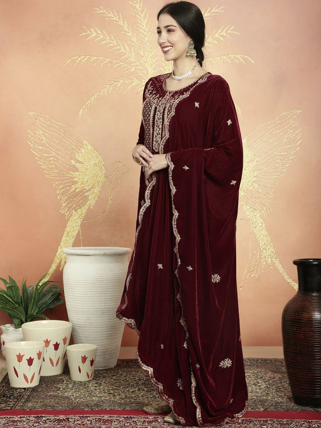 Maroon Velvet Embroidered Straight Cut Suits