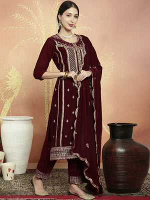 Maroon Velvet Embroidered Straight Cut Suits