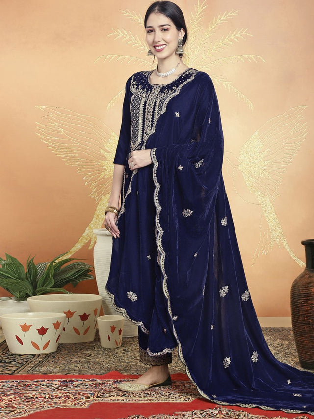 Navy Blue Velvet Embroidered Straight Cut Suits
