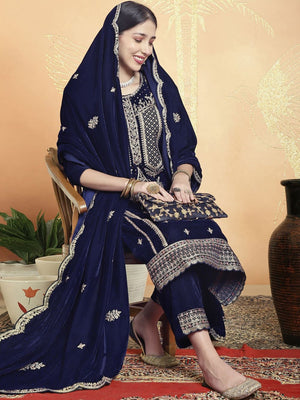 Navy Blue Velvet Embroidered Straight Cut Suits