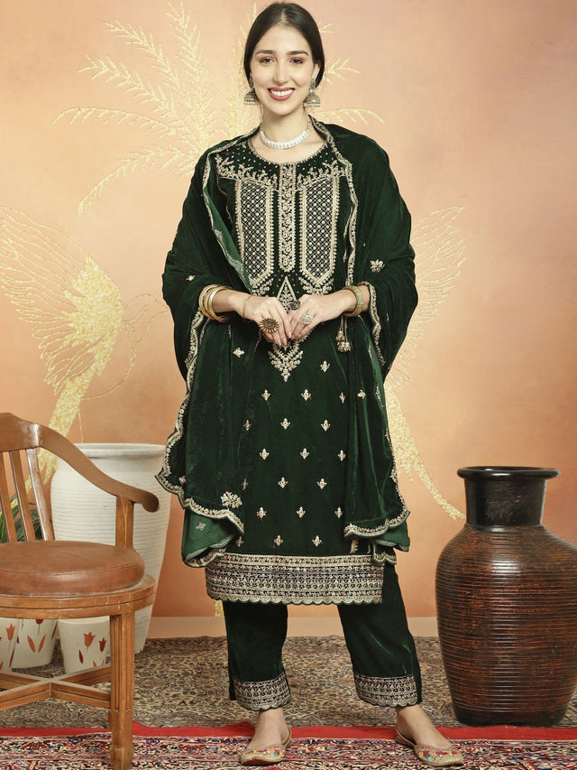 Green Velvet Embroidered Straight Cut Suits