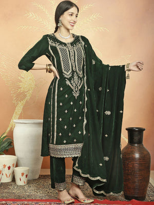 Green Velvet Embroidered Straight Cut Suits