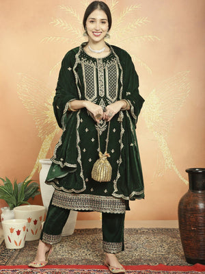 Green Velvet Embroidered Straight Cut Suits