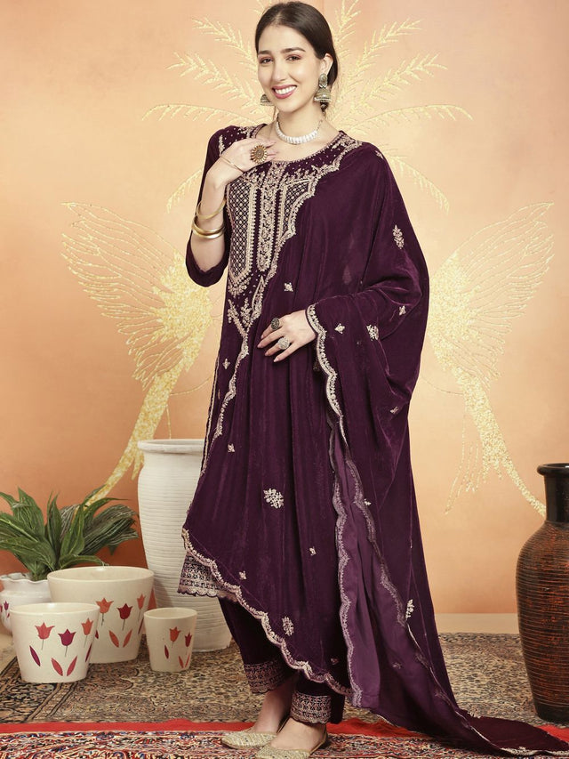 Wine Velvet Embroidered Straight Cut Suits