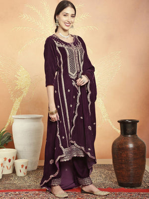 Wine Velvet Embroidered Straight Cut Suits