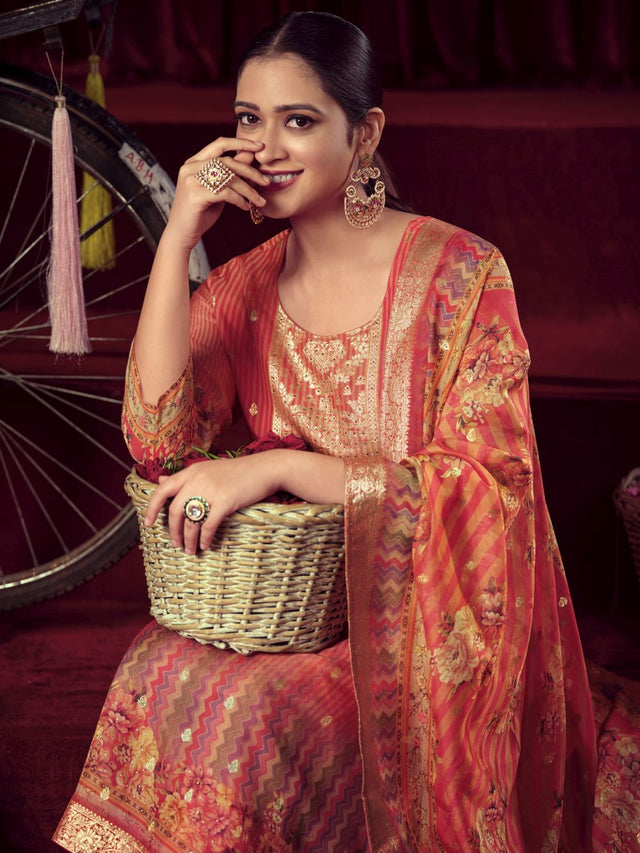 Orange Organza Jacquard Dress Material