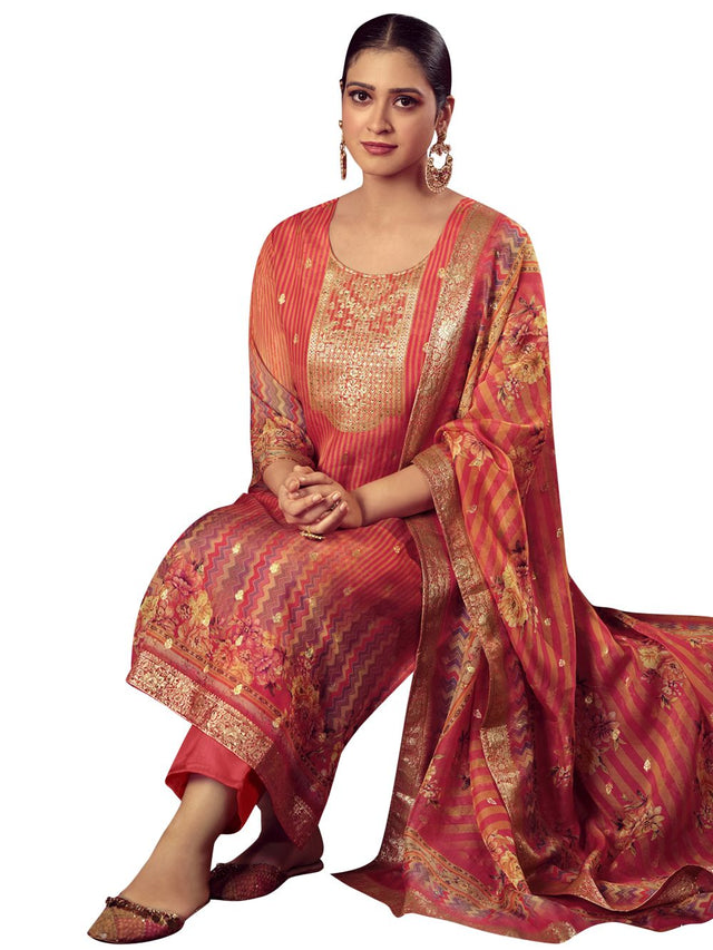 Orange Organza Jacquard Dress Material