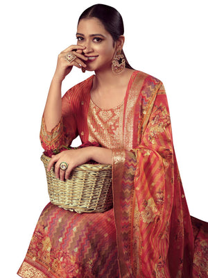 Orange Organza Jacquard Dress Material