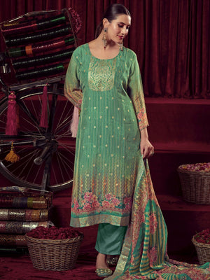 Green Organza Jacquard Dress Material
