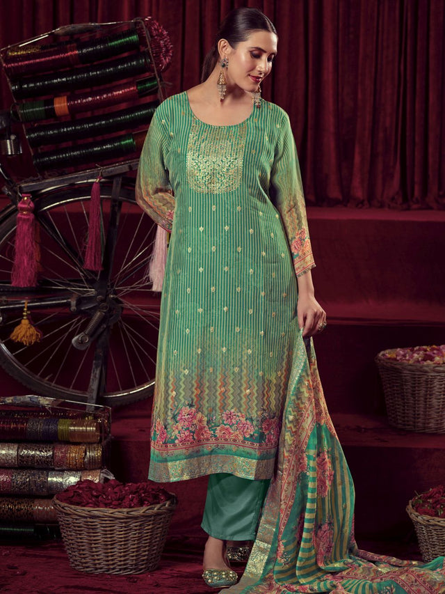 Green Organza Jacquard Dress Material